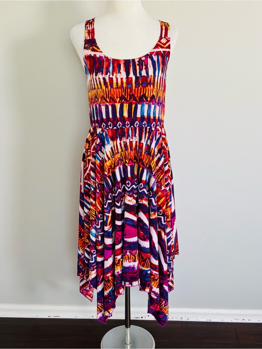 Boho Colorful Tribal Handkerchief Summer Festival Dress Crisscross Back SMALL